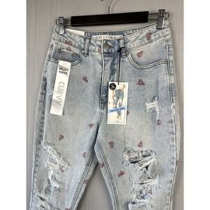Embroidered Pizza High Rise Mom Jeans Tinseltown Womens 7 Distressed Grunge NWT